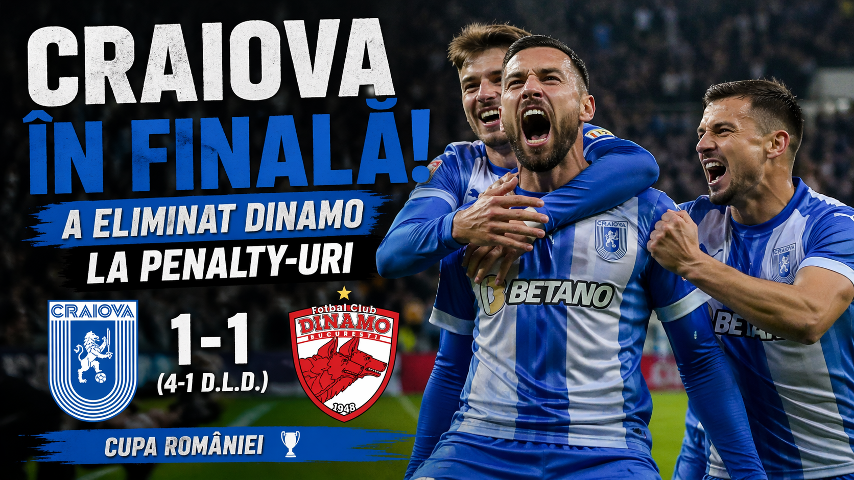 DRAMĂ TOTALĂ! Craiova elimină Dinamo la penalty-uri și explodează spre finala Cupei României